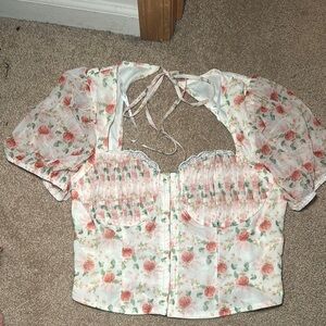 LULUs- Undeniable Sweetie Ivory Floral Puff Sleeve Tie- Back Bustier Top